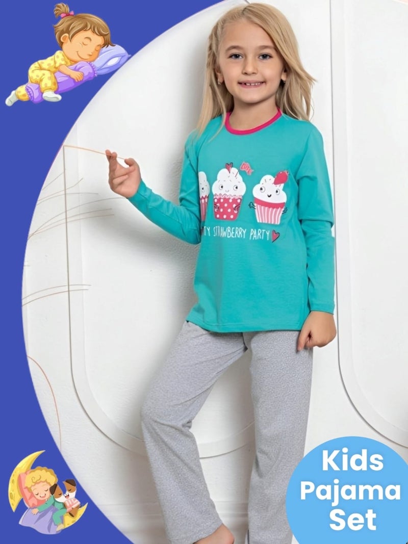 Girl's Cotton Long Sleeve Patterned Pajama Set