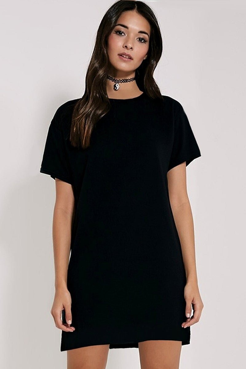 Rock & Plain Unprinted Black Short Sleeve Sleeved Combed Cotton T-Shirt Women's Dress