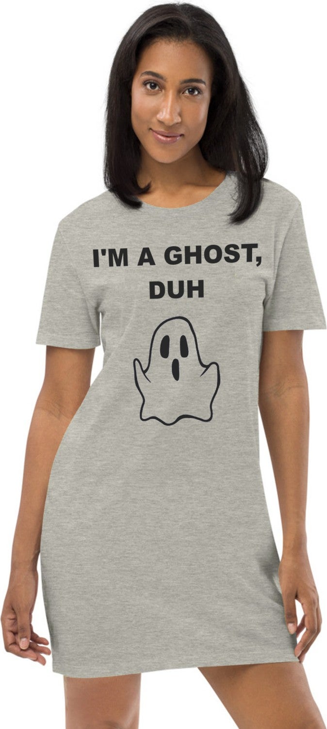 Cute Ghost Light Gray Short Sleeve Combed Cotton T-Shirt Dress