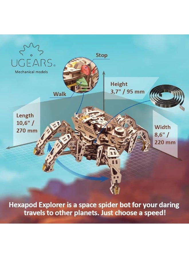 UGEARS Hexapod Explorer 3D Puzzle - Mechanical Spider Robot with Powerful Spring Motor - 3D Wooden Puzzles for Adults and Kids 3D Puzzles Wooden Robot Kit (Runs up to 10 feet)