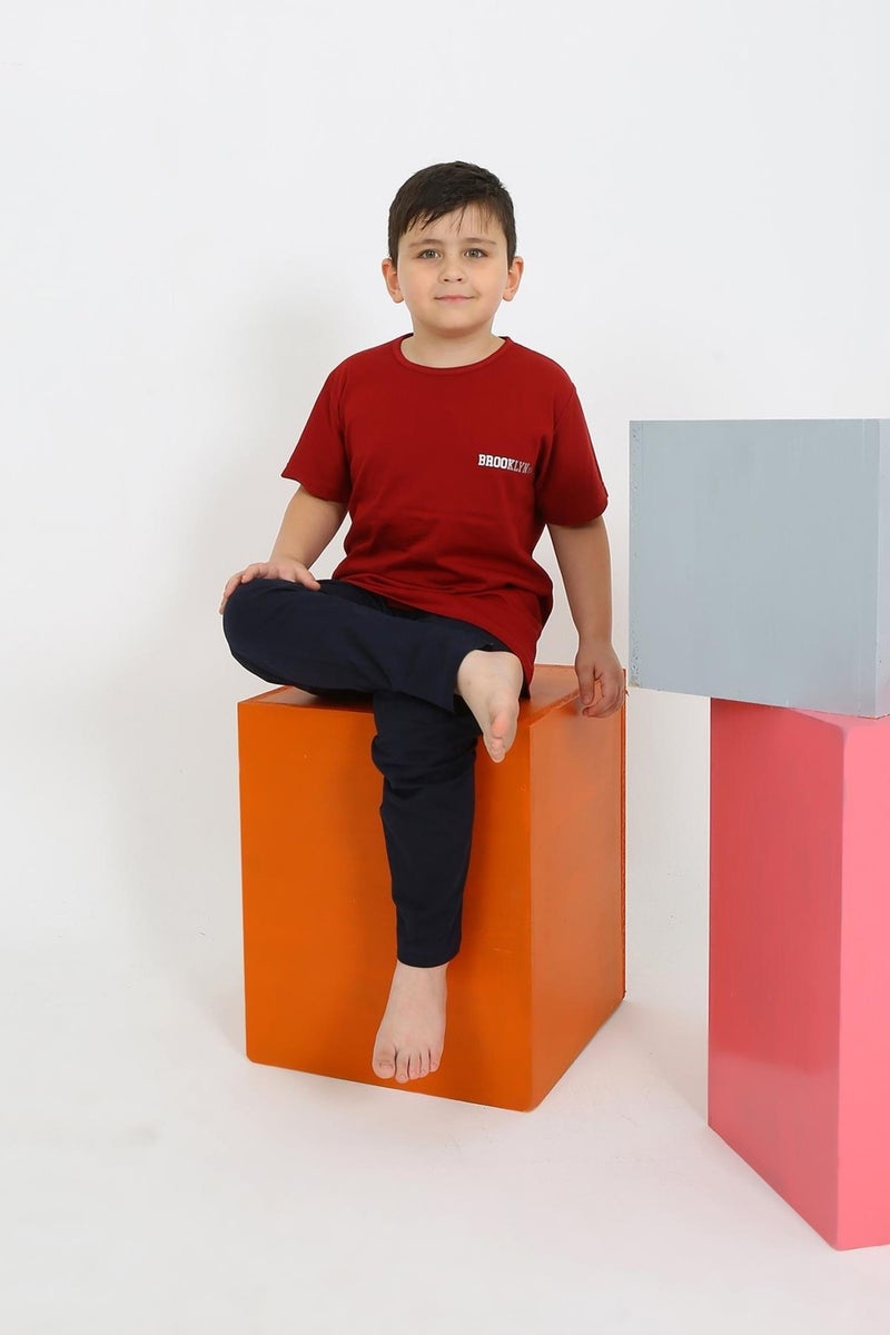 Boy's Short Sleeve Claret Red Combed Cotton Pajama Set 20436