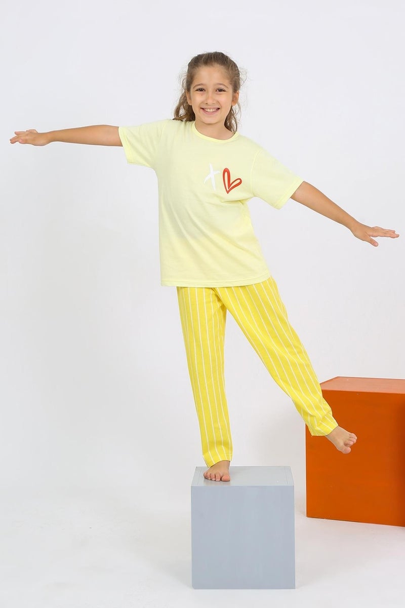 Girl's Short Sleeve Yellow Combed Cotton Pajama Set 20432