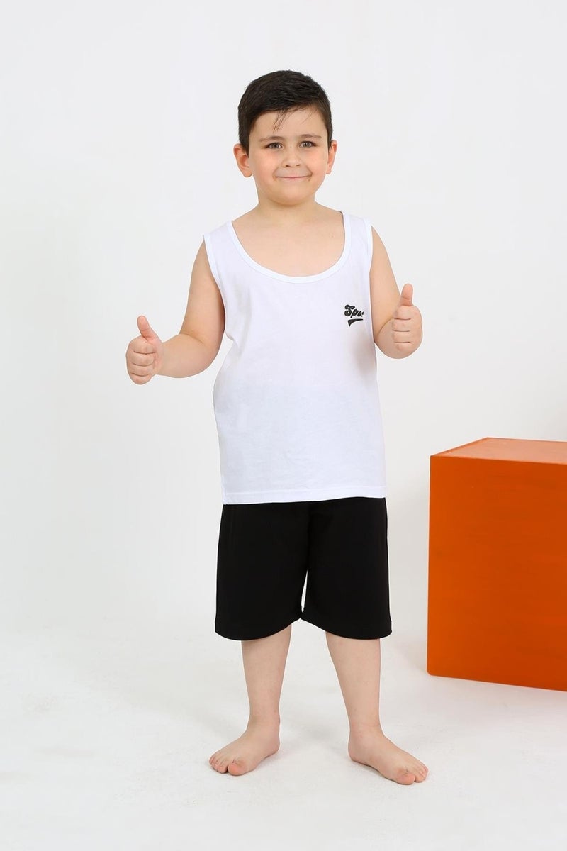 Boy's Zero Sleeve White Combed Cotton Pajama Set with Shorts 20434