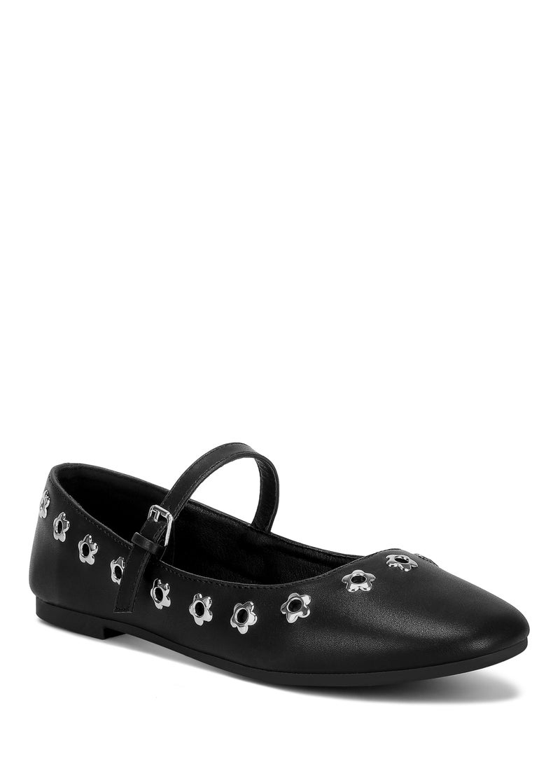 Floral Eyelet Strapped Ballerinas in Black