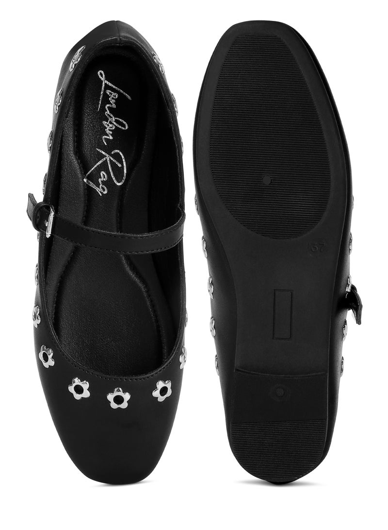 Floral Eyelet Strapped Ballerinas in Black