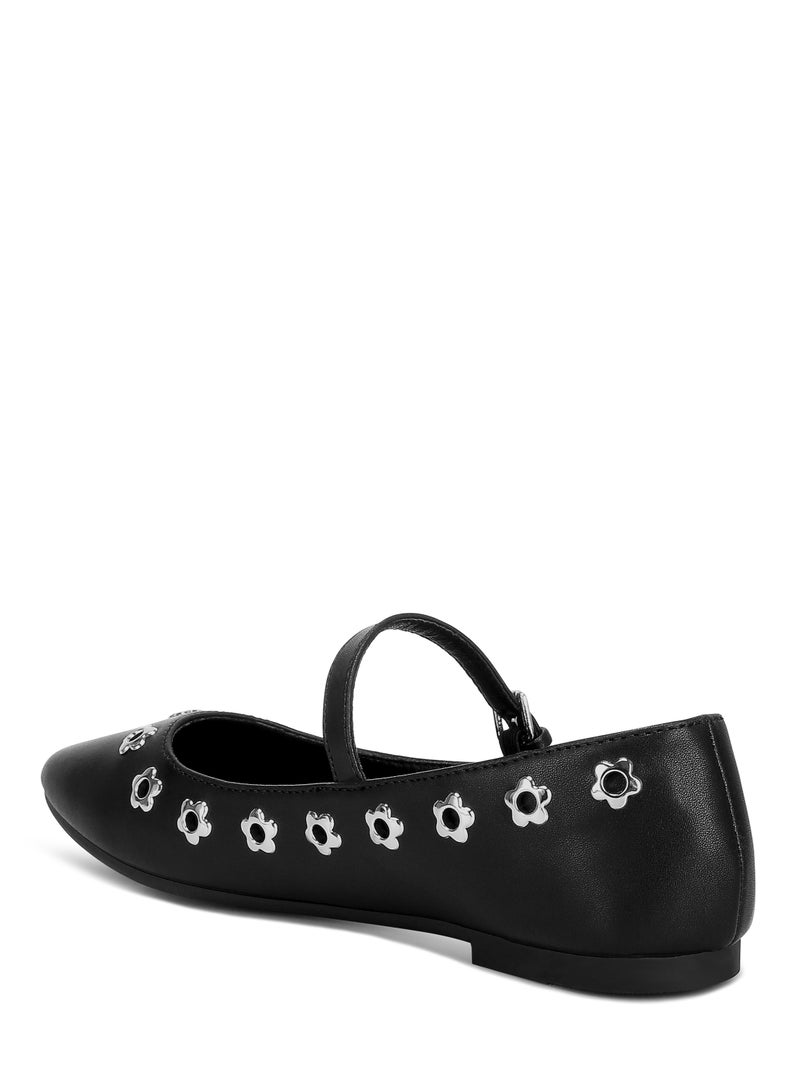 Floral Eyelet Strapped Ballerinas in Black