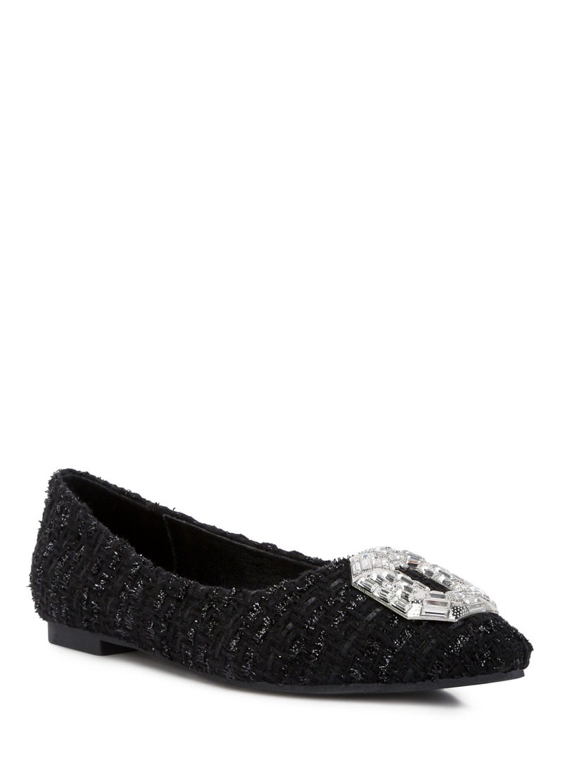 Embellished Jewel Buckle Tweed Ballet Flats in Black