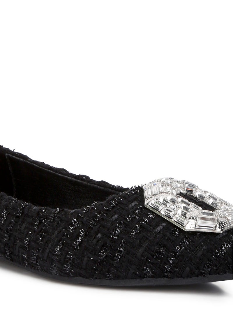 Embellished Jewel Buckle Tweed Ballet Flats in Black