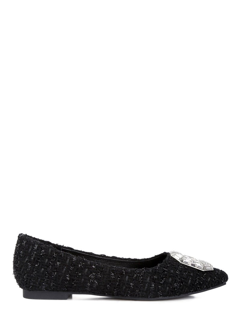 Embellished Jewel Buckle Tweed Ballet Flats in Black