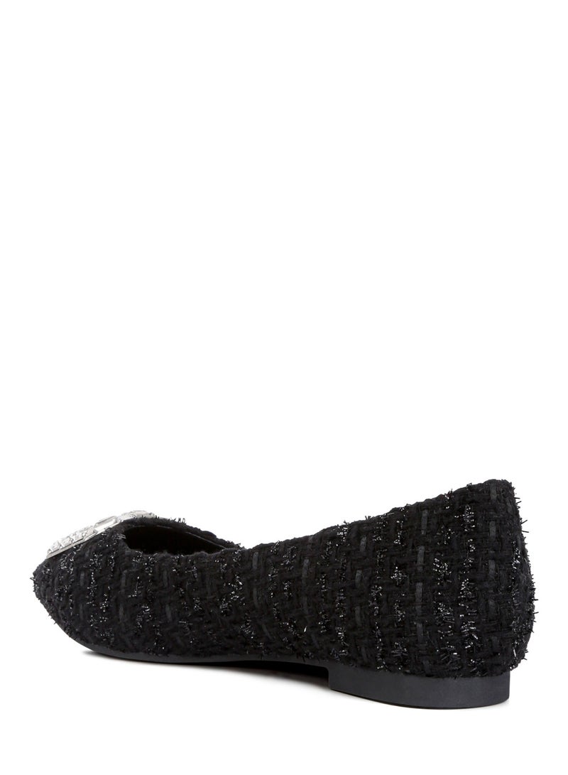 Embellished Jewel Buckle Tweed Ballet Flats in Black