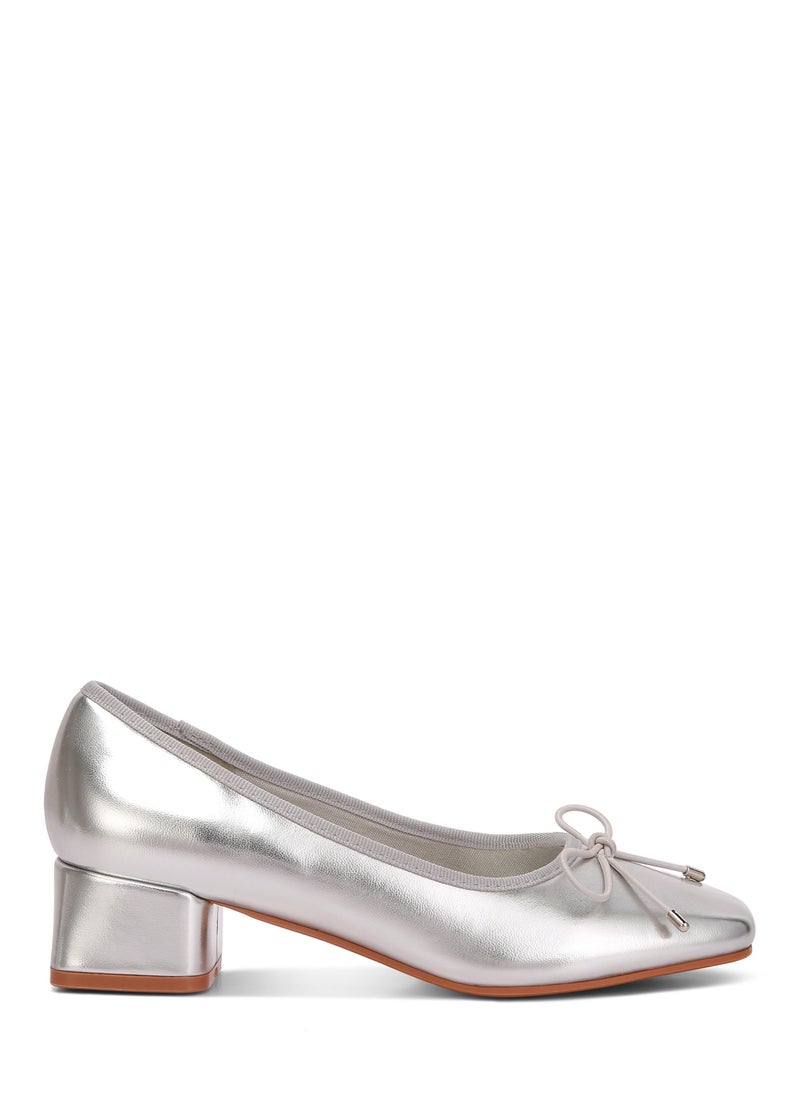 Metallic Low Block Heel Ballerinas in Silver