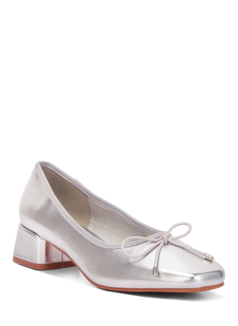 Metallic Low Block Heel Ballerinas in Silver