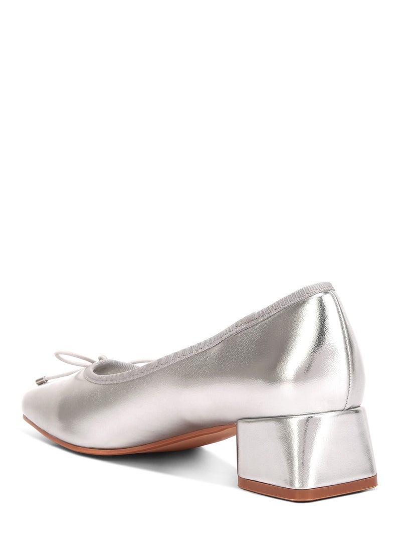 Metallic Low Block Heel Ballerinas in Silver