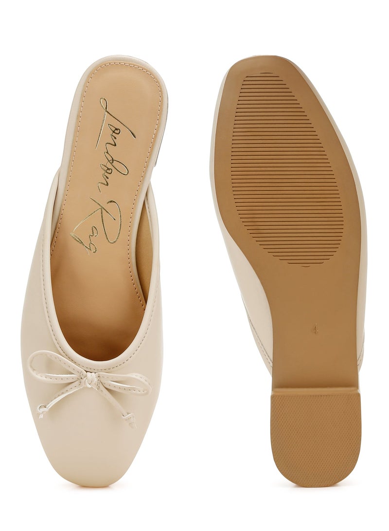 Bow Slip-On Flat Mules in Beige