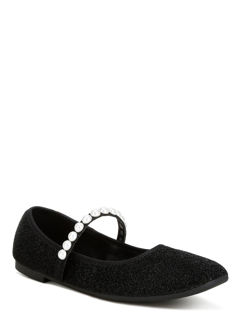 Pearl Strapped Glitter Ballerinas in Black