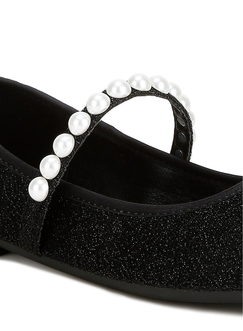 Pearl Strapped Glitter Ballerinas in Black