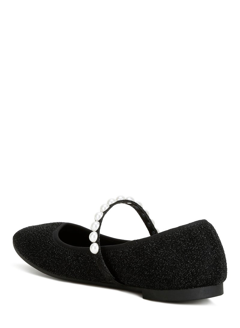 Pearl Strapped Glitter Ballerinas in Black