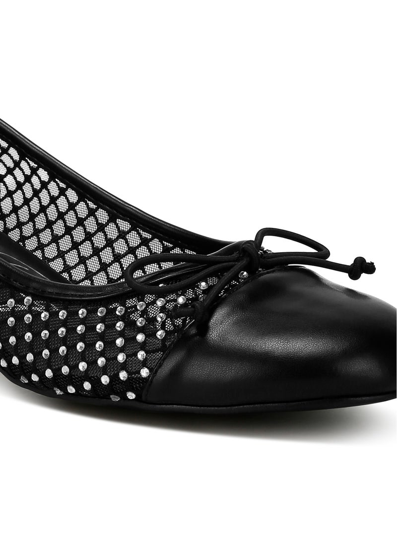 Rhinestone Detail Mesh Ballerinas in Black