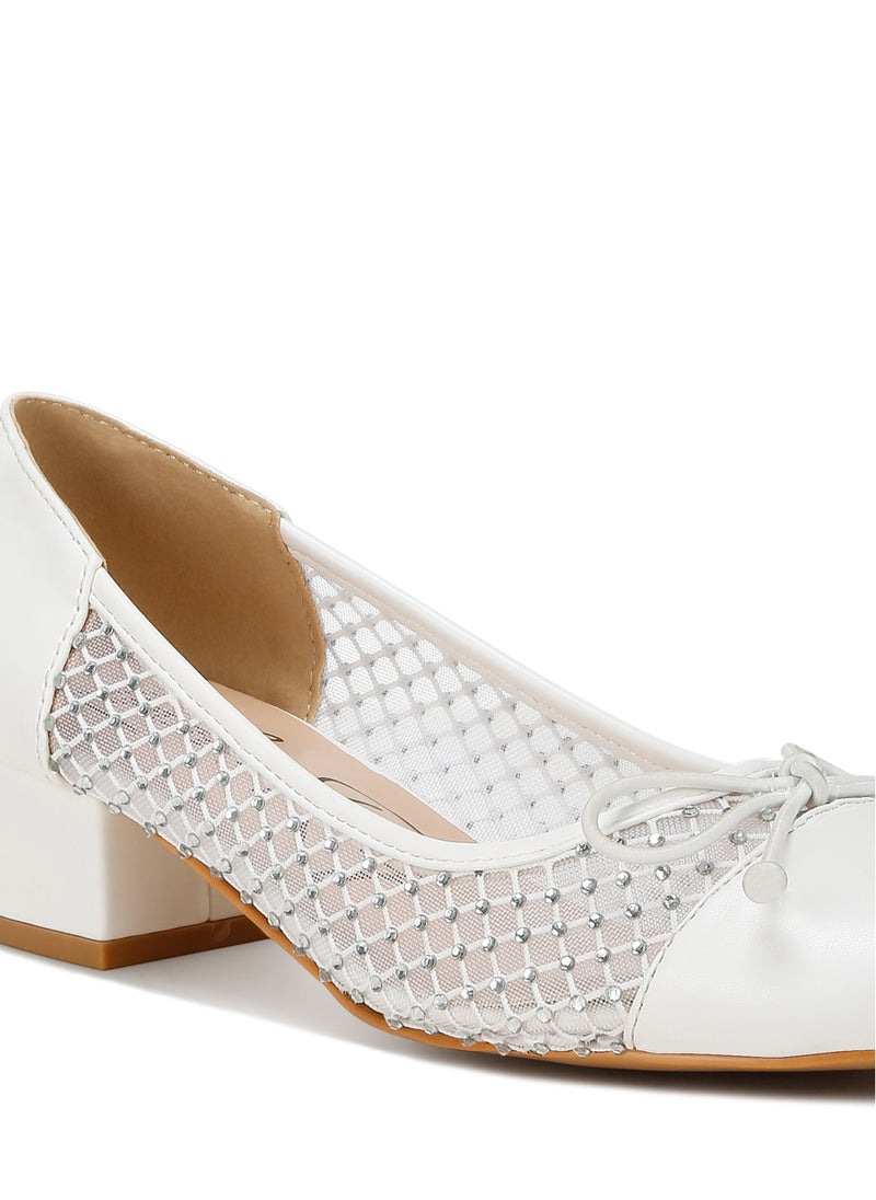 Rhinestone Detail Mesh Ballerinas in White