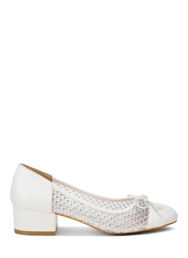 Rhinestone Detail Mesh Ballerinas in White