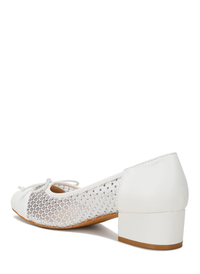 Rhinestone Detail Mesh Ballerinas in White