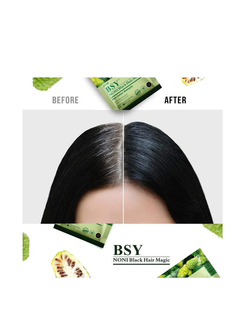 BSY Noni Black Hair Magic Hair color shampoo (20ml x 10 Sachets) | Ammonia Free Hair Color Shampoo for men,Natural Black Permanent Hair Dye Shampoo for women,Noni Fruit Hair Dye,Hair Coloring Shampoo