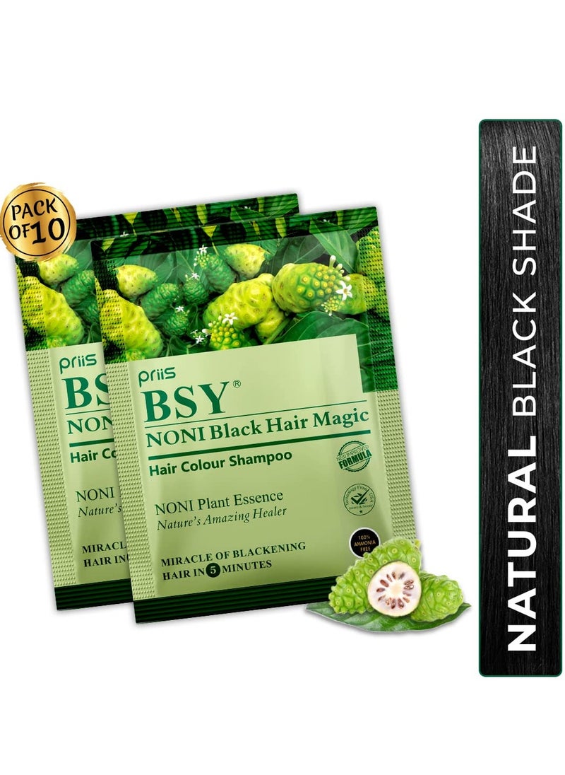 BSY Noni Black Hair Magic Hair color shampoo (20ml x 10 Sachets) | Ammonia Free Hair Color Shampoo for men,Natural Black Permanent Hair Dye Shampoo for women,Noni Fruit Hair Dye,Hair Coloring Shampoo