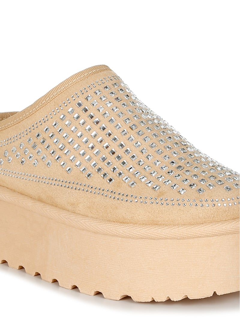 Beige Rhinestones Embellished Platform Classic Slip-On