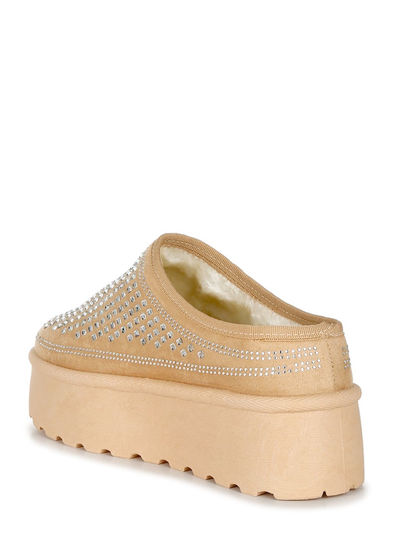 Beige Rhinestones Embellished Platform Classic Slip-On