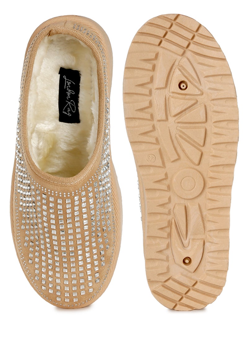 Beige Rhinestones Embellished Platform Classic Slip-On
