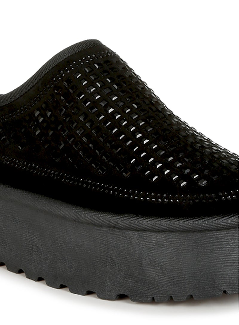 Black Rhinestones Embellished Platform Classic Slip-On