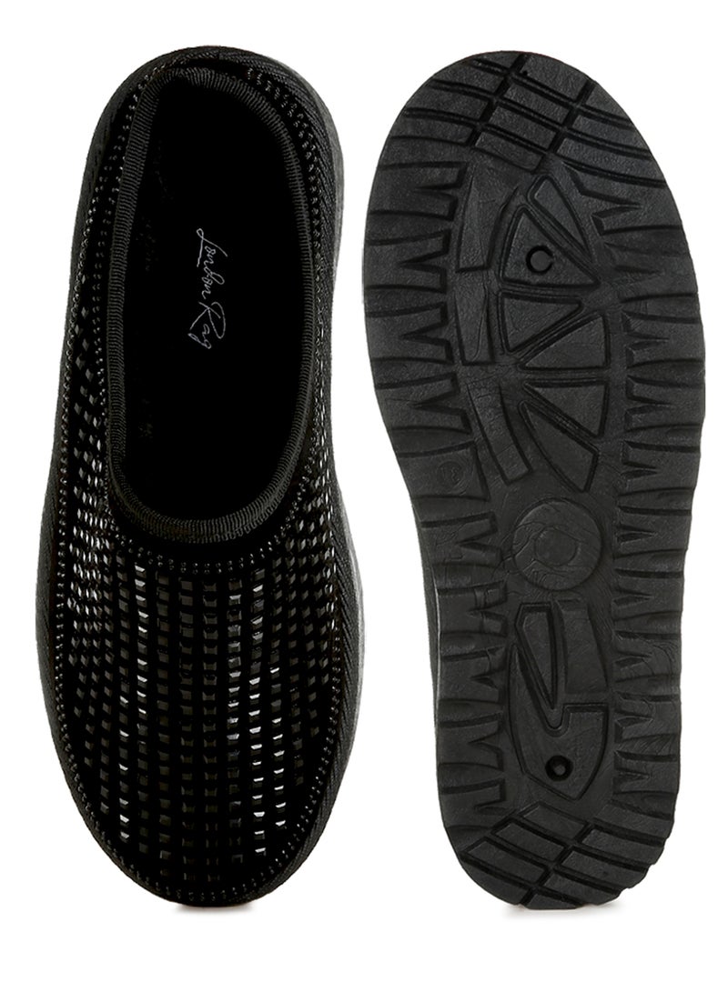 Black Rhinestones Embellished Platform Classic Slip-On