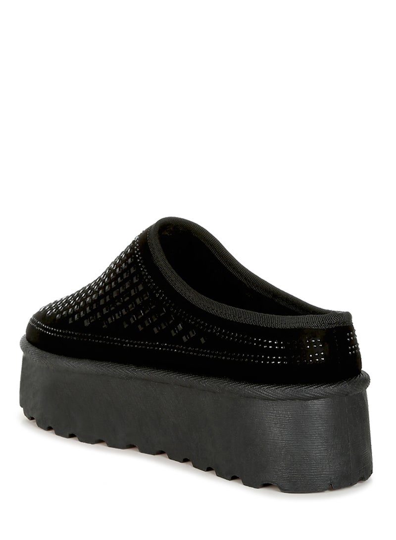Black Rhinestones Embellished Platform Classic Slip-On