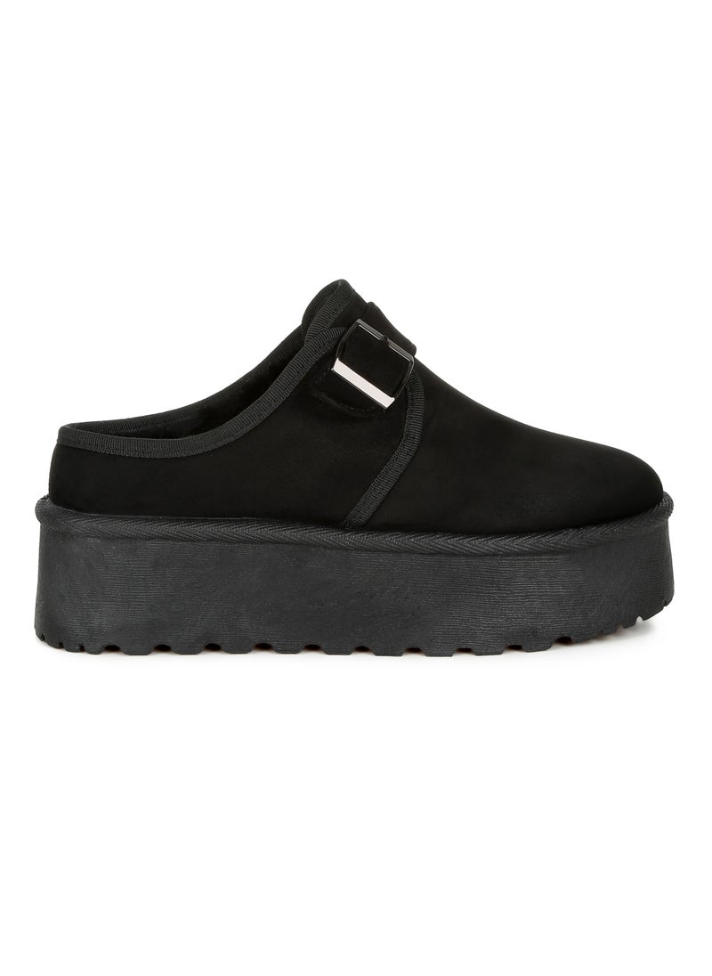 Buckle Strap Fur Platform Classic Slip-On in Black