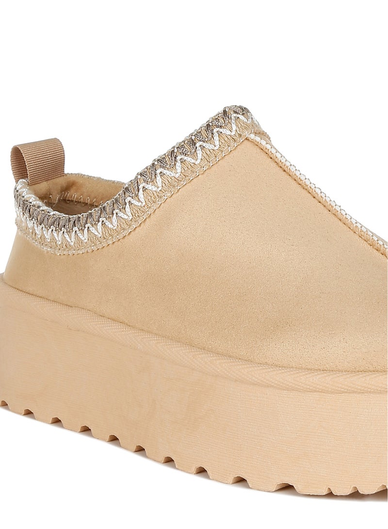 Beige Embroidered Platform Fur Classic Slip-On