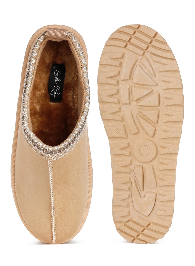 Beige Embroidered Platform Fur Classic Slip-On