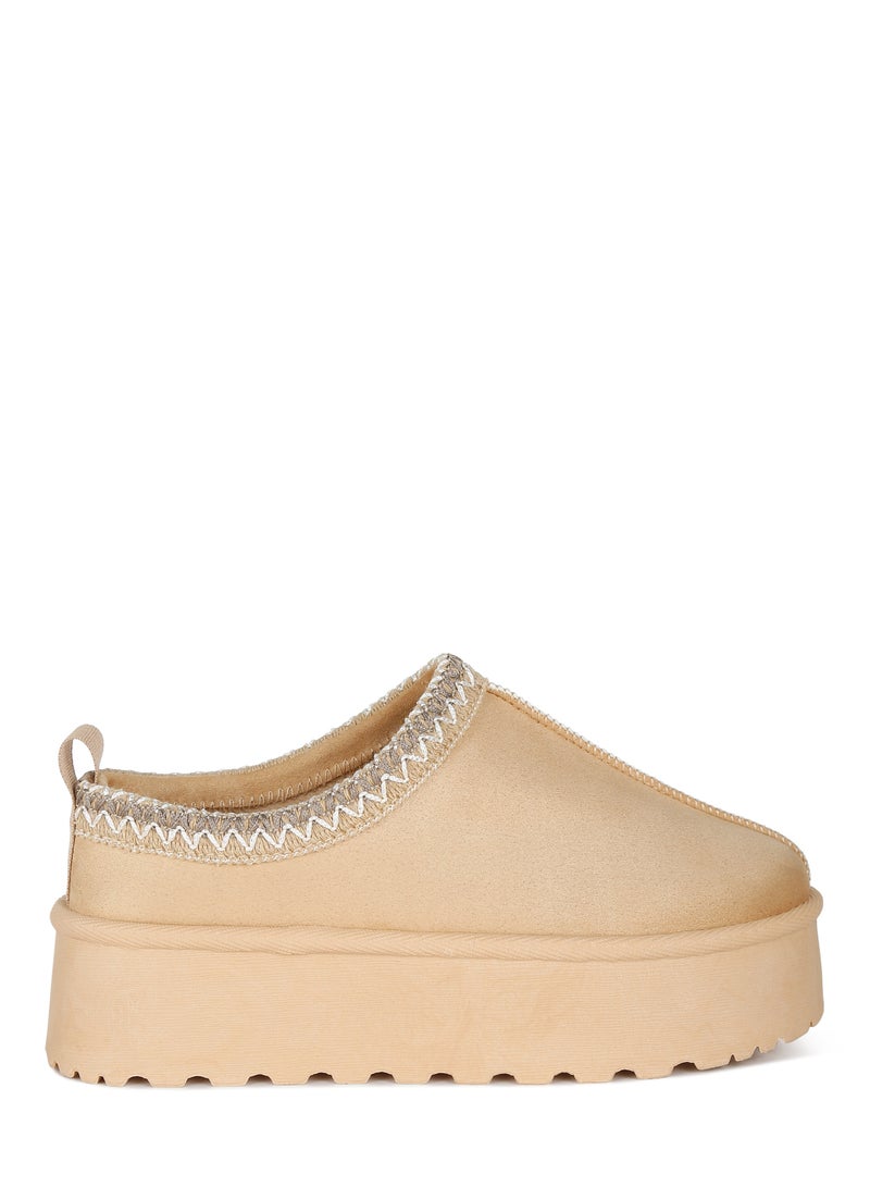 Beige Embroidered Platform Fur Classic Slip-On