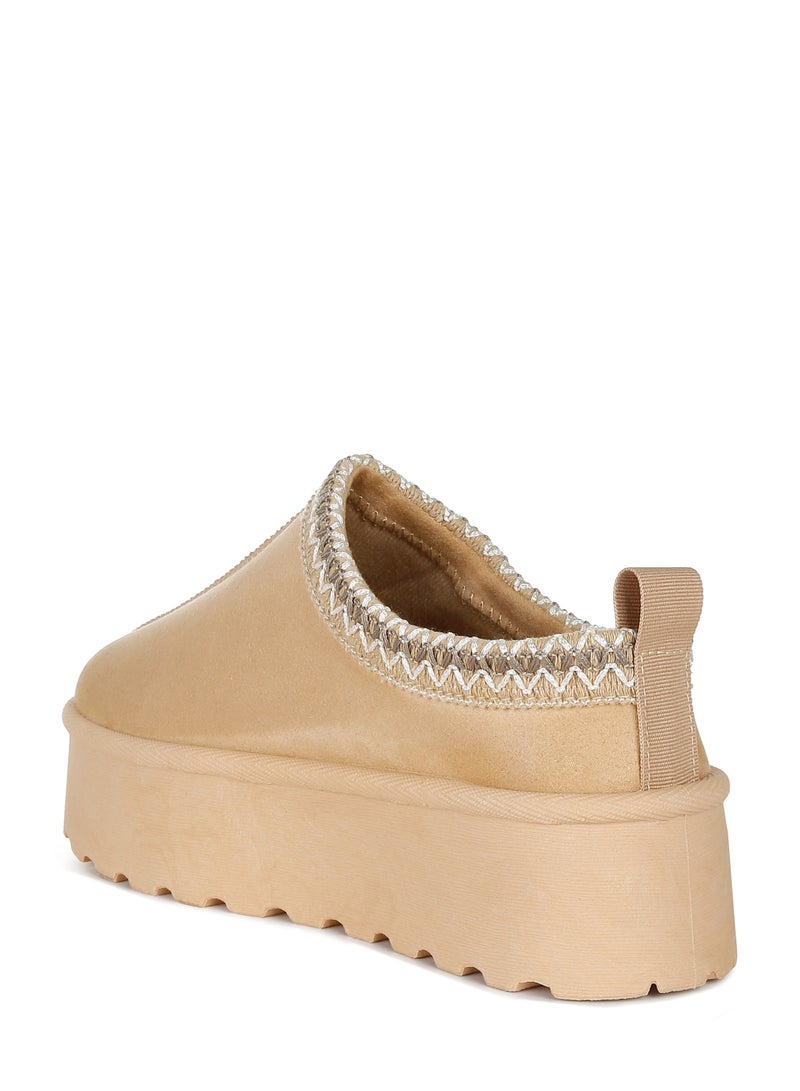 Beige Embroidered Platform Fur Classic Slip-On
