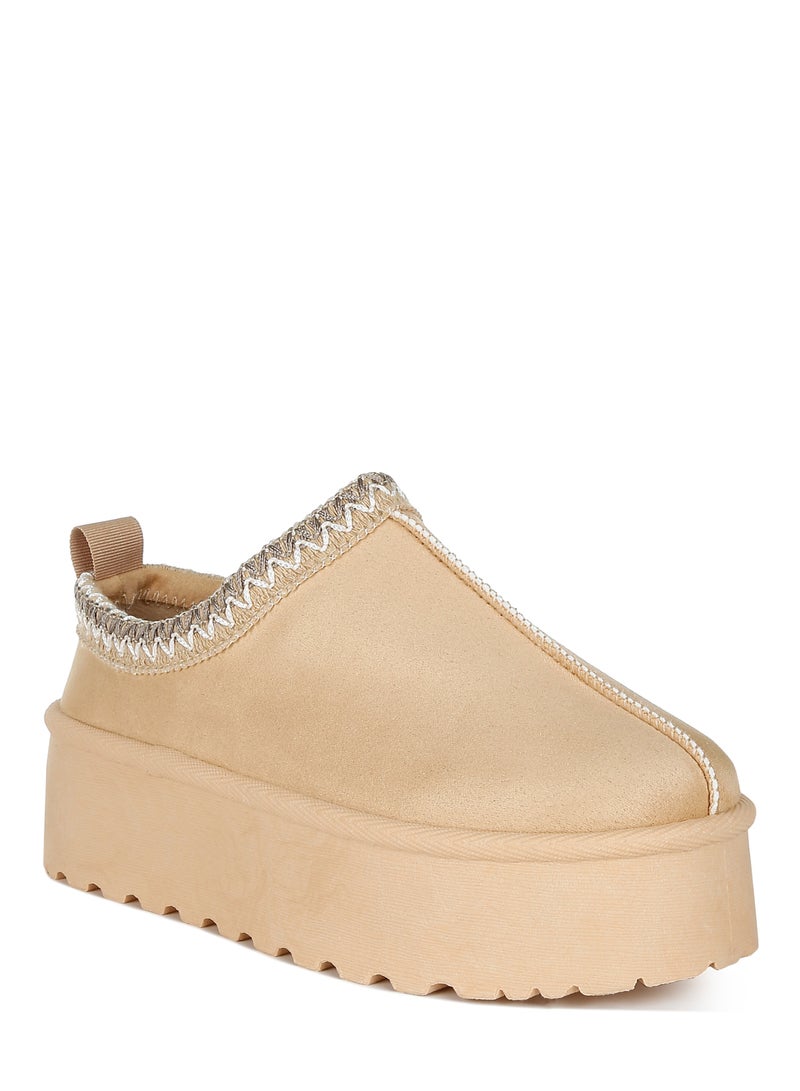 Beige Embroidered Platform Fur Classic Slip-On