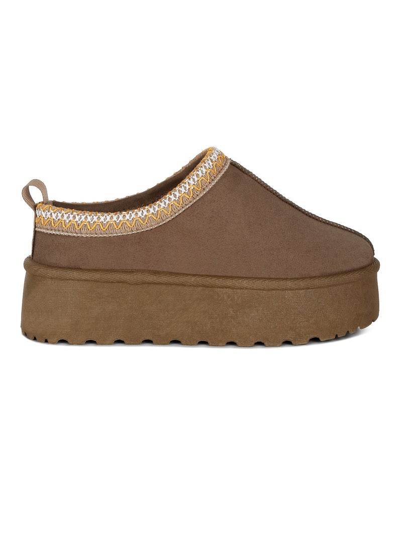 Taupe Embroidered Platform Fur Classic Slip-On