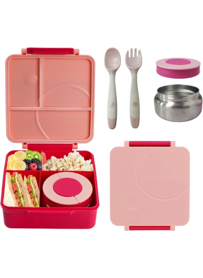 Bento Box for Kids With Thermos Leak Proof Lunch Box with 4-Compartment - Amazing Designs, Microwave-Safe, BPA-Free, Easy to Clean, Kids & Adults, School & Office (Pink)