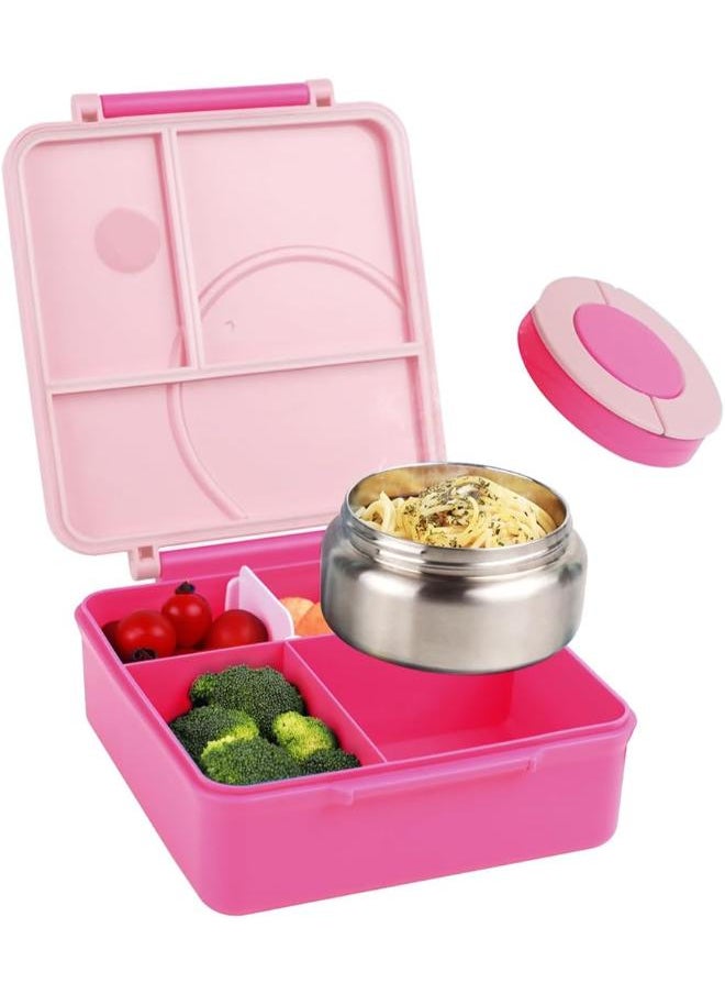 Bento Box for Kids With Thermos Leak Proof Lunch Box with 4-Compartment - Amazing Designs, Microwave-Safe, BPA-Free, Easy to Clean, Kids & Adults, School & Office (Pink)