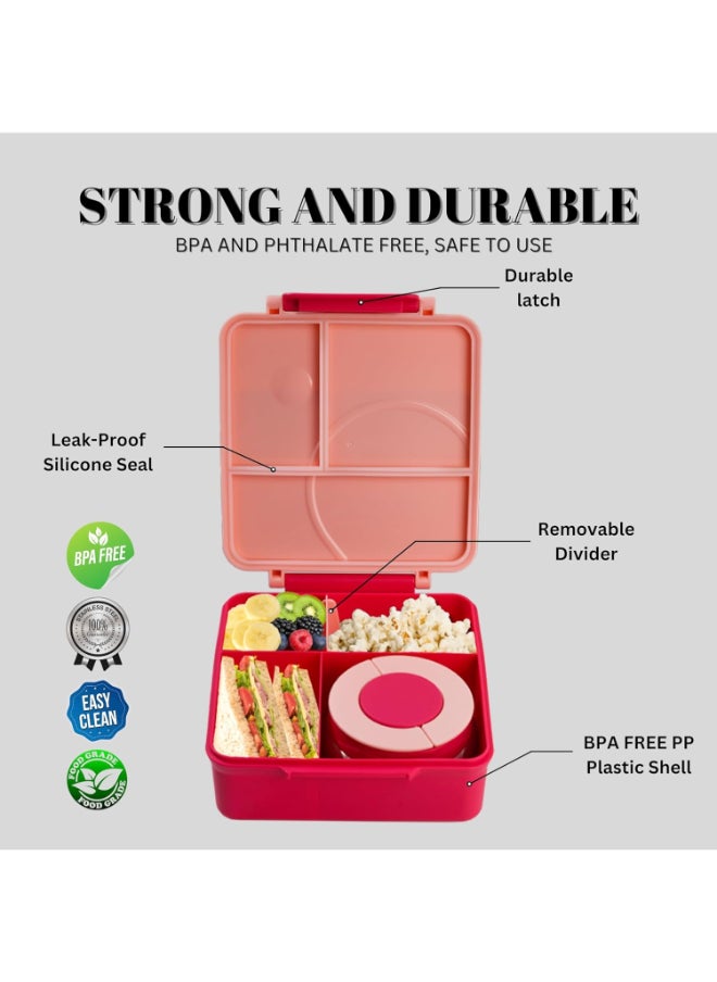 Bento Box for Kids With Thermos Leak Proof Lunch Box with 4-Compartment - Amazing Designs, Microwave-Safe, BPA-Free, Easy to Clean, Kids & Adults, School & Office (Pink)