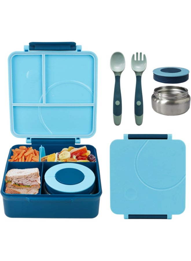 Bento Box for Kids With Thermos Leak Proof Lunch Box with 4-Compartment - Amazing Designs, Microwave-Safe, BPA-Free, Easy to Clean, Kids & Adults, School & Office (Blue)