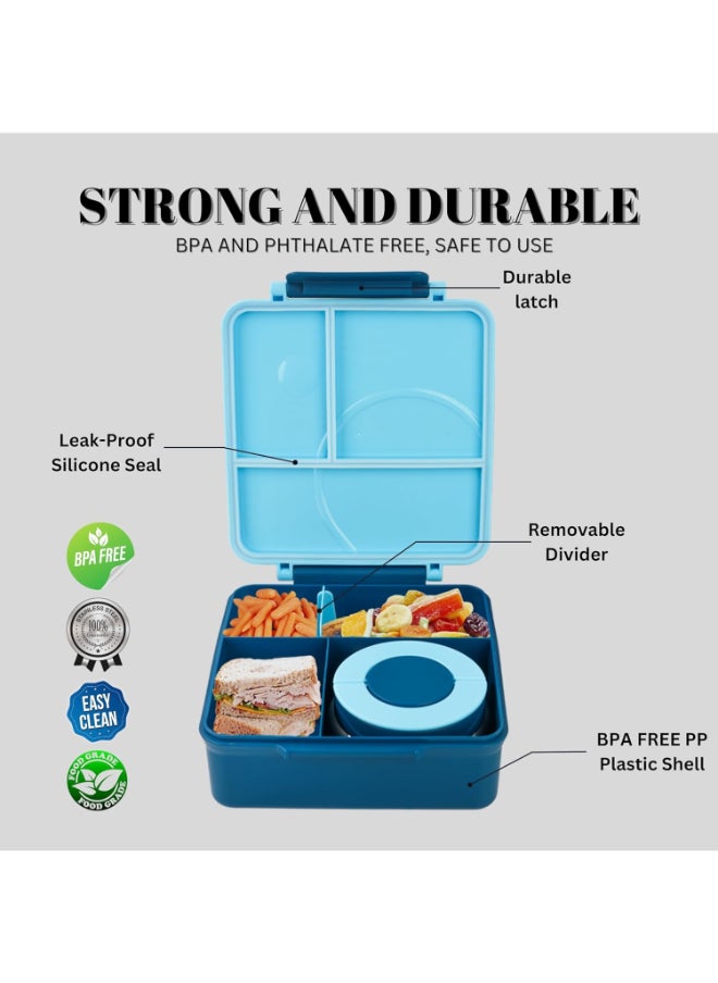 Bento Box for Kids With Thermos Leak Proof Lunch Box with 4-Compartment - Amazing Designs, Microwave-Safe, BPA-Free, Easy to Clean, Kids & Adults, School & Office (Blue)