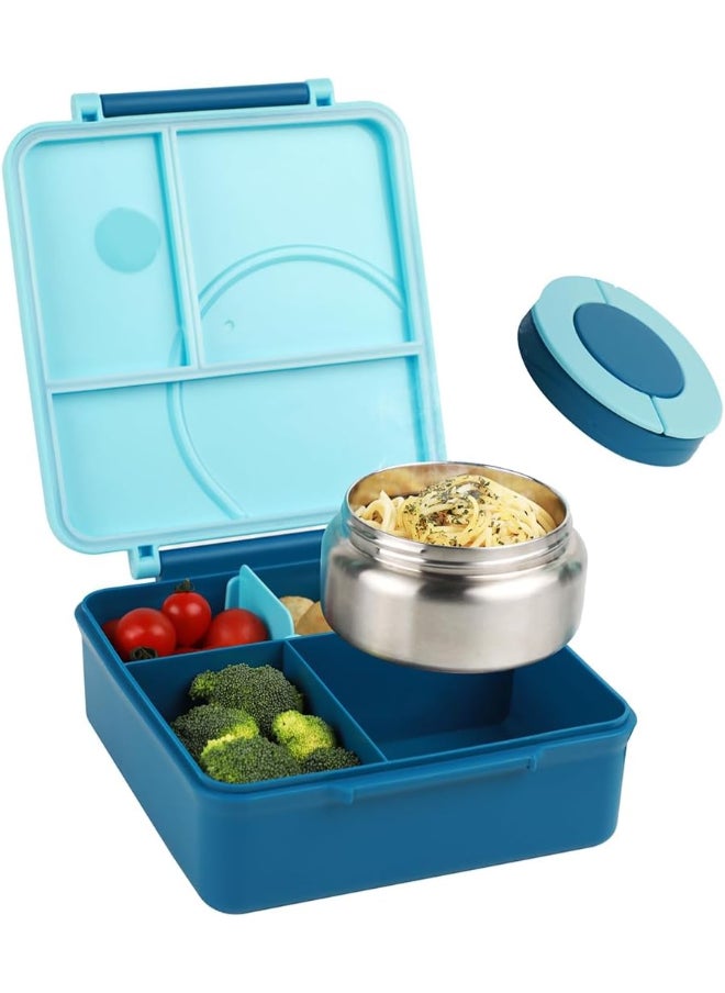 Bento Box for Kids With Thermos Leak Proof Lunch Box with 4-Compartment - Amazing Designs, Microwave-Safe, BPA-Free, Easy to Clean, Kids & Adults, School & Office (Blue)