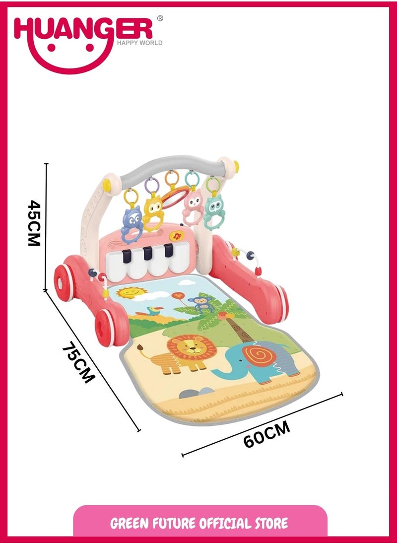 Baby Playmat w/ Piano Music, 2 in 1 Hanging Toys and Walker for Newborns and Infants, Safe Playmat for Early Learning and Motor Skills