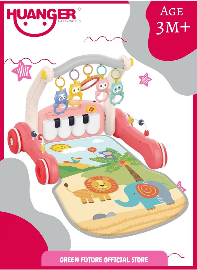 Baby Playmat w/ Piano Music, 2 in 1 Hanging Toys and Walker for Newborns and Infants, Safe Playmat for Early Learning and Motor Skills