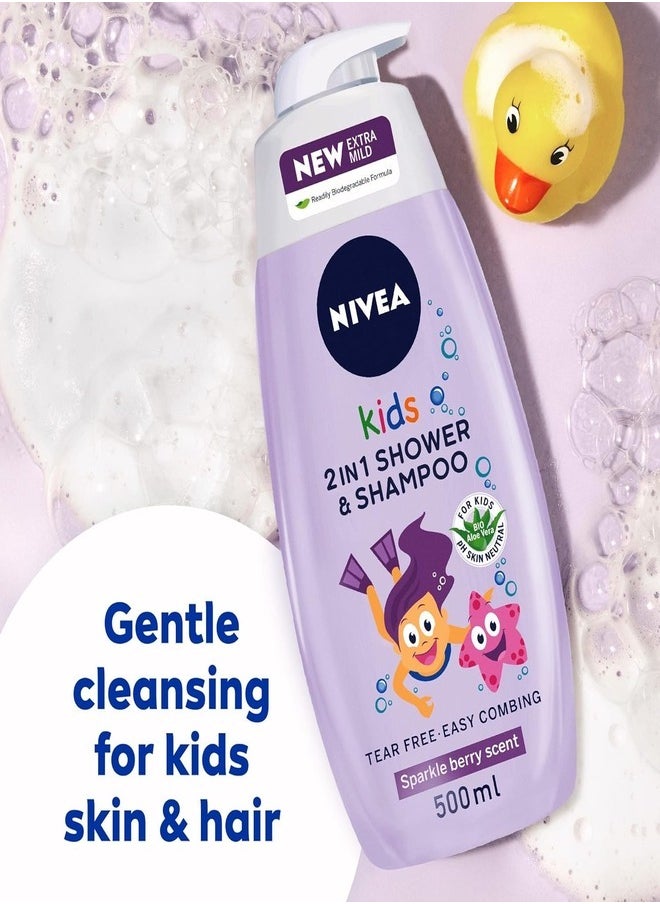 NIVEA Kids 2-in-1 Shower Gel & Shampoo - Sparkle Berry Scent, 500ml (Purple)