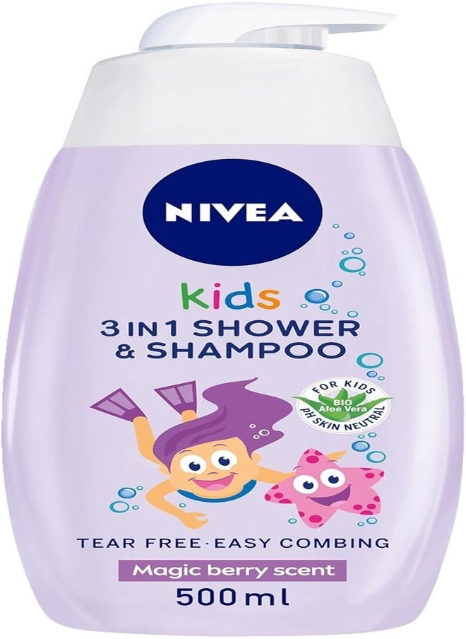 NIVEA Kids 2-in-1 Shower Gel & Shampoo - Sparkle Berry Scent, 500ml (Purple)